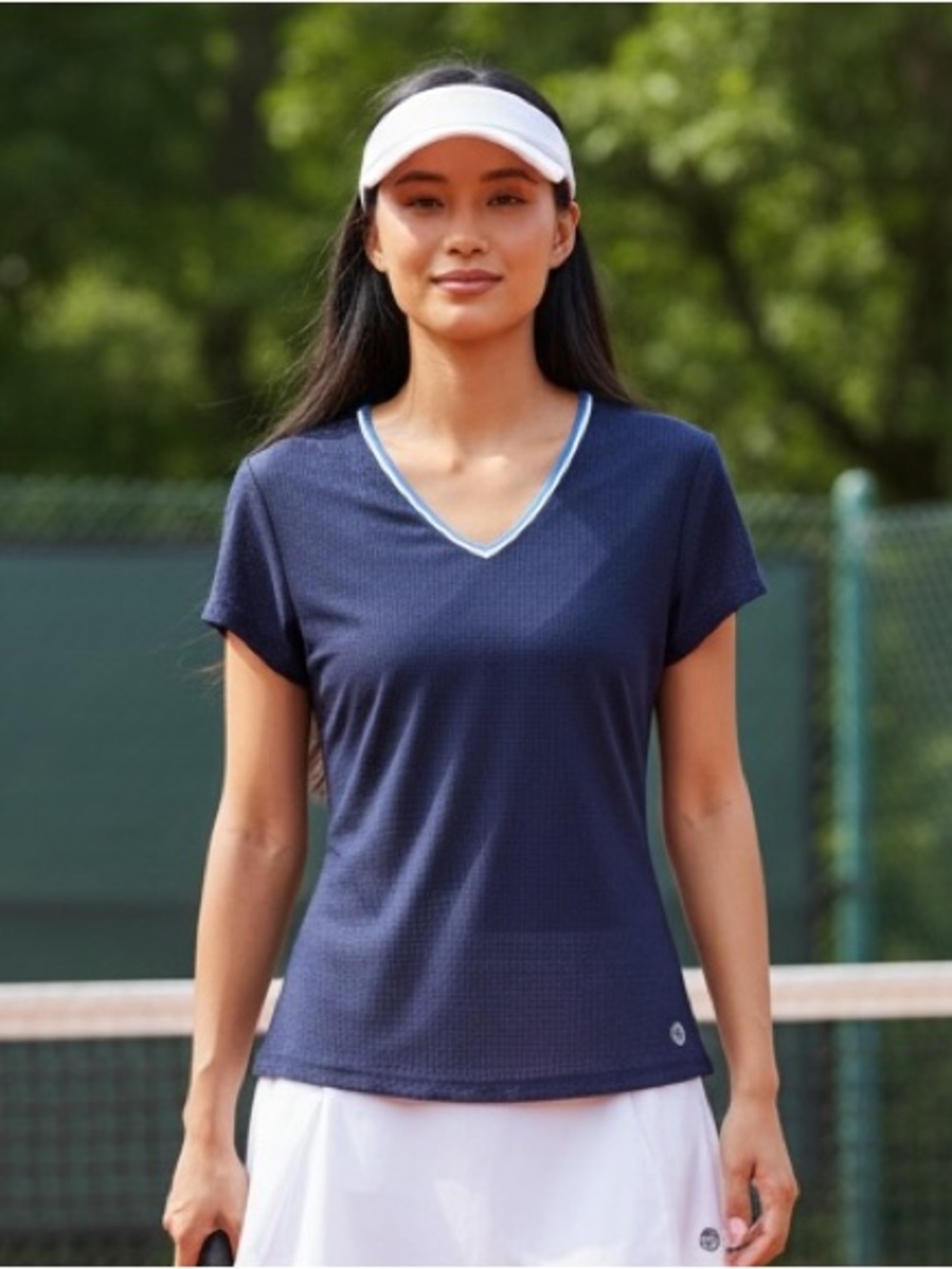 Tory Sport Navy Mesh V-Neck Tennis Tee Light Blue White Trim Size SP